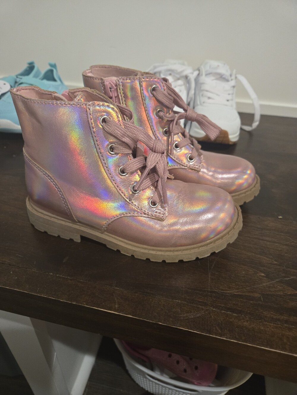 Kids Holographic Pink Lace-Up Boots